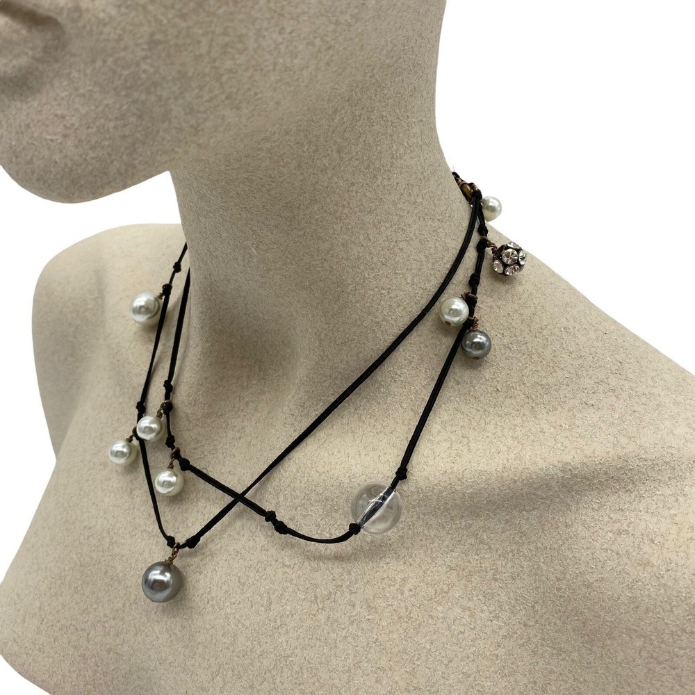 J Crew Black Corded Necklace w/ Rhinestone, Faux Pearl & Lucite Beads 36"